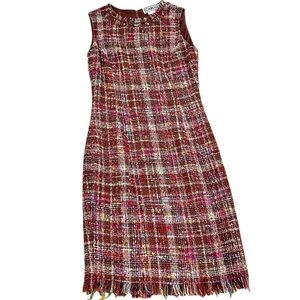 Carlisle wool blend tweed sleeveless sheath dress fringe hem caramel brown sz 0